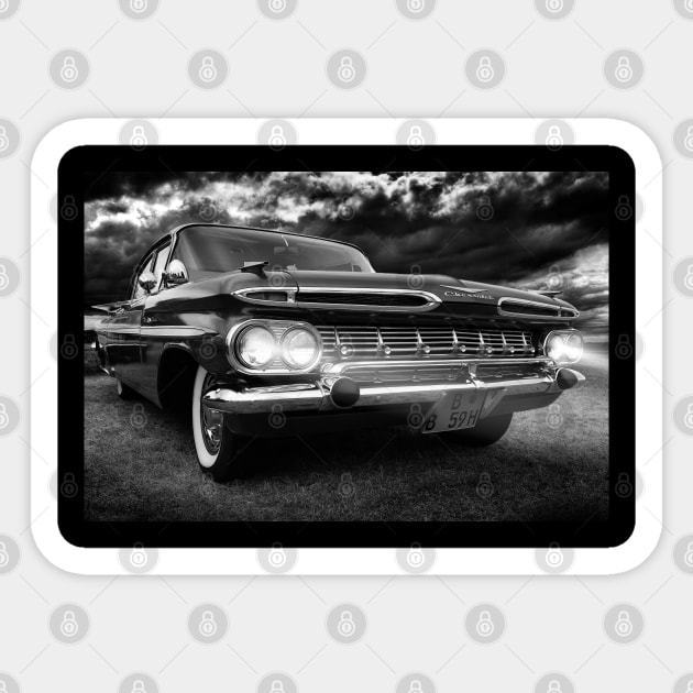 1959 Chevy Impala, chevy black and white Sticker by hottehue